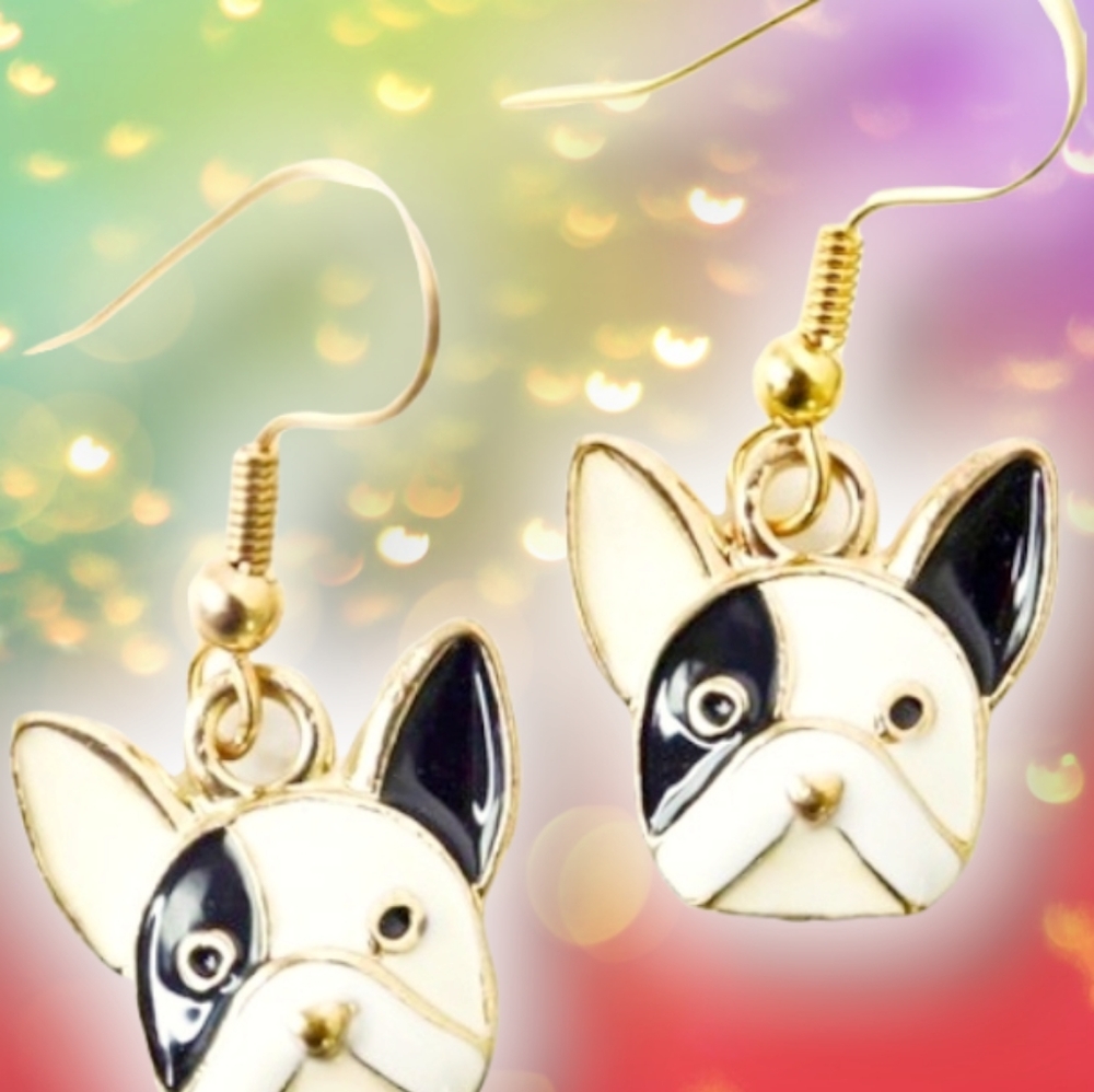 Gold plated black crystal Boston terrier/French bulldog earrings - Picture 4 of 11